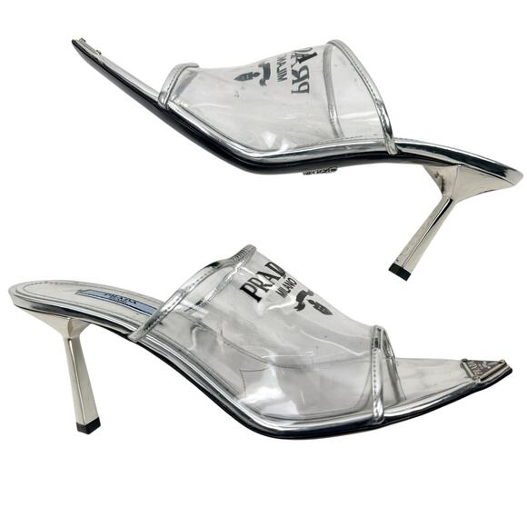 Prada Plex Transparent Pvc Triangle Logo Mule Sandals Silver Size 38.5 - Picture 7 of 10